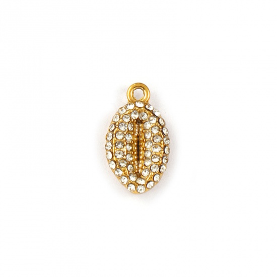 Picture of 2 PCs Eco-friendly PVD Vacuum Plating Waterproof Anti-Tarnish Hypoallergenic 304 Stainless Steel Charms 18K Real Gold Plated Shell Cowrie Monetaria Caputserpentis Micro Pave Clear Rhinestone 15mm x 8.5mm