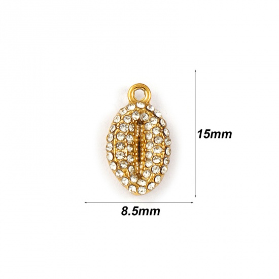 Picture of 2 PCs Eco-friendly PVD Vacuum Plating Waterproof Anti-Tarnish Hypoallergenic 304 Stainless Steel Charms 18K Real Gold Plated Shell Cowrie Monetaria Caputserpentis Micro Pave Clear Rhinestone 15mm x 8.5mm