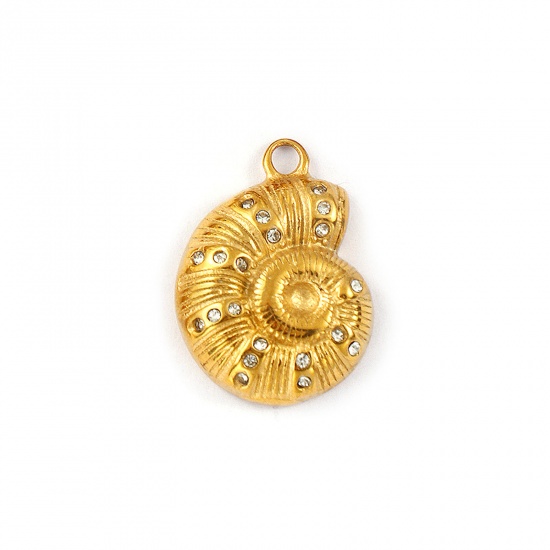 Picture of 2 PCs Eco-friendly PVD Vacuum Plating Waterproof Anti-Tarnish Hypoallergenic 304 Stainless Steel Charms 18K Real Gold Plated Conch/ Sea Snail Micro Pave Clear Rhinestone 22mm x 16mm