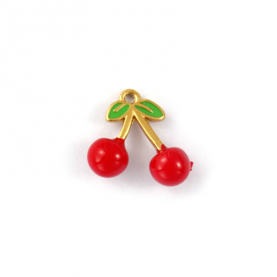 Picture of 2 PCs Eco-friendly PVD Vacuum Plating Waterproof Anti-Tarnish Hypoallergenic 304 Stainless Steel Charms 18K Real Gold Plated Red Enamel Cherry Fruit 3D 17mm x 14mm