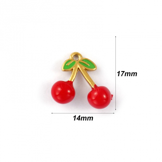 Picture of 2 PCs Eco-friendly PVD Vacuum Plating Waterproof Anti-Tarnish Hypoallergenic 304 Stainless Steel Charms 18K Real Gold Plated Red Enamel Cherry Fruit 3D 17mm x 14mm