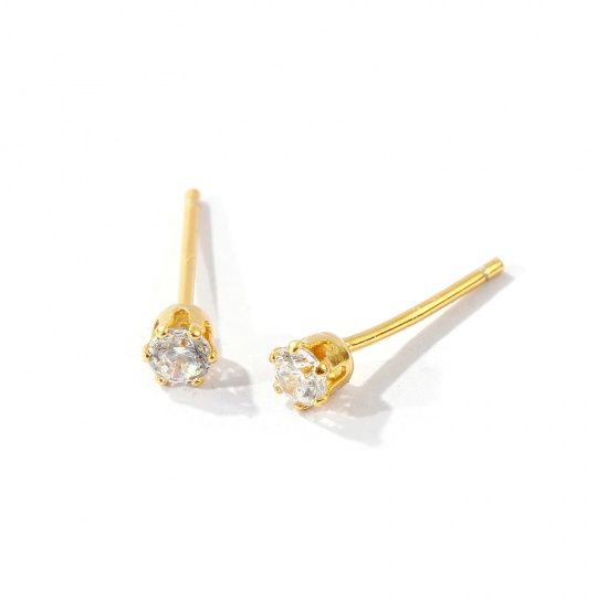 Immagine di 1 Pair Sterling Silver Exquisite Ear Post Stud Earrings Gold Plated Clear Cubic Zirconia With Stoppers 4mm Dia., Post/ Wire Size: 0.7mm(21 gauge)