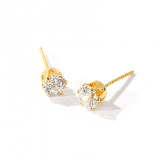 Immagine di 1 Pair Sterling Silver Exquisite Ear Post Stud Earrings Gold Plated Clear Cubic Zirconia With Stoppers 5mm Dia., Post/ Wire Size: 0.7mm(21 gauge)