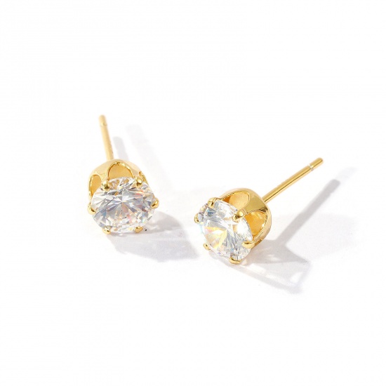 Immagine di 1 Pair Sterling Silver Exquisite Ear Post Stud Earrings Gold Plated Clear Cubic Zirconia With Stoppers 6mm Dia., Post/ Wire Size: 0.7mm(21 gauge)