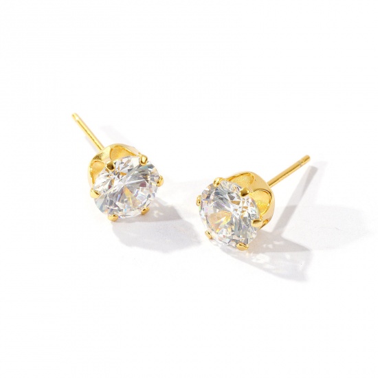 Immagine di 1 Pair Sterling Silver Exquisite Ear Post Stud Earrings Gold Plated Clear Cubic Zirconia With Stoppers 7mm Dia., Post/ Wire Size: 0.7mm(21 gauge)