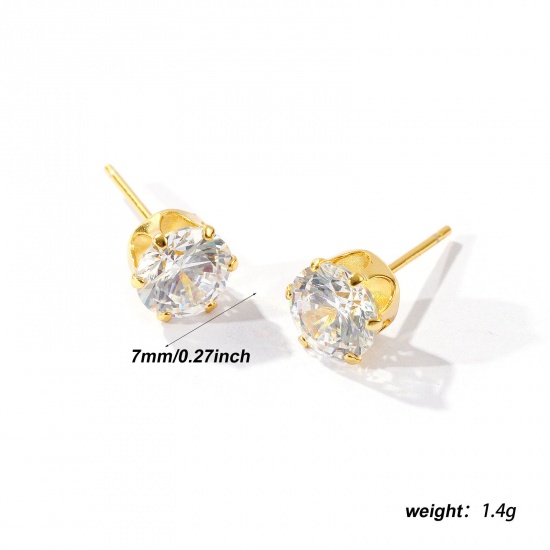 Immagine di 1 Pair Sterling Silver Exquisite Ear Post Stud Earrings Gold Plated Clear Cubic Zirconia With Stoppers 7mm Dia., Post/ Wire Size: 0.7mm(21 gauge)