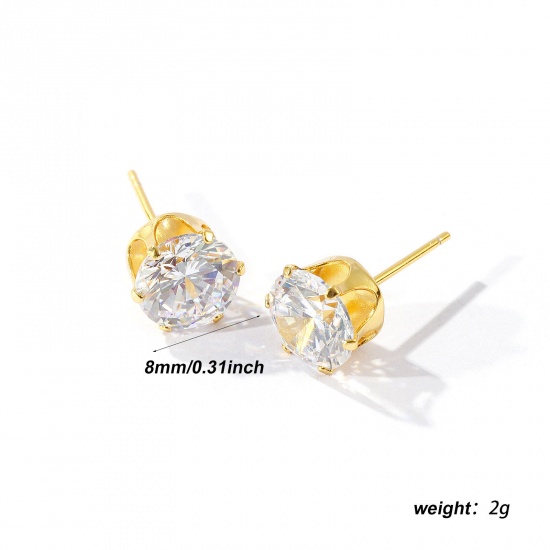 Immagine di 1 Pair Sterling Silver Exquisite Ear Post Stud Earrings Gold Plated Clear Cubic Zirconia With Stoppers 8mm Dia., Post/ Wire Size: 0.7mm(21 gauge)