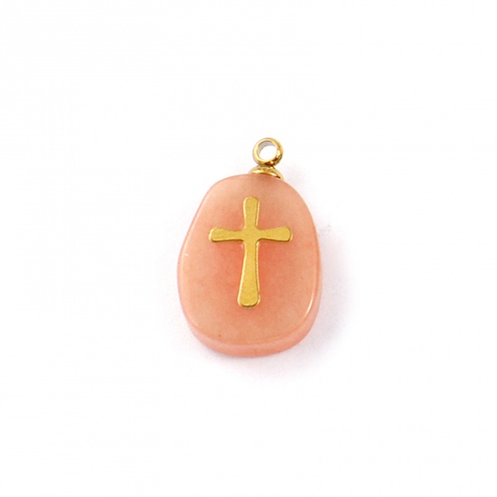 Picture of 1 Piece Eco-friendly 304 Stainless Steel & Gemstone Geometric Charms Gold Plated Peachy Beige Egg Cross 18mm x 11mm