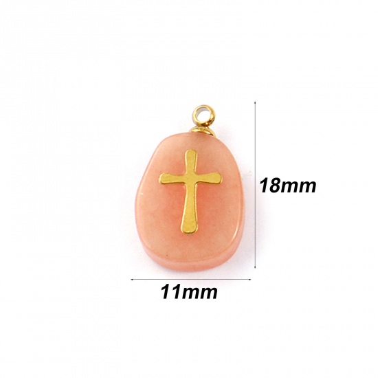 Picture of 1 Piece Eco-friendly 304 Stainless Steel & Gemstone Geometric Charms Gold Plated Peachy Beige Egg Cross 18mm x 11mm