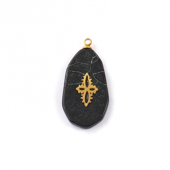 Picture of 1 Piece Eco-friendly 304 Stainless Steel & Gemstone Geometric Charms Gold Plated Black Drop Cross 27mm x 13mm