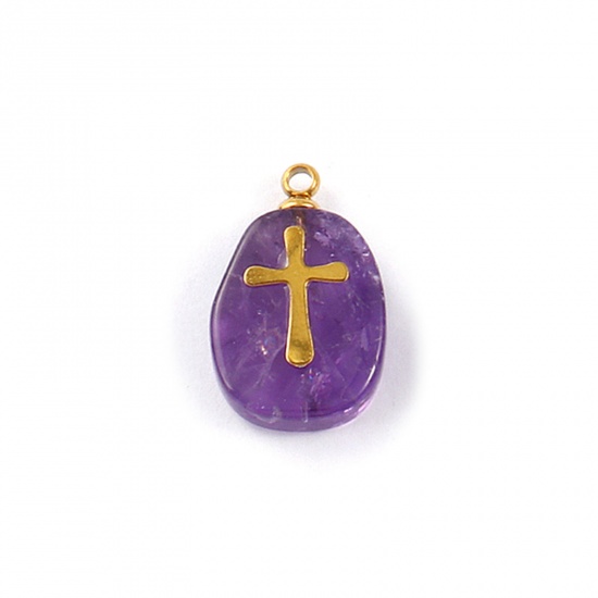 Picture of 1 Piece Eco-friendly 304 Stainless Steel & Gemstone Geometric Charms Gold Plated Purple Egg Cross 18mm x 11mm