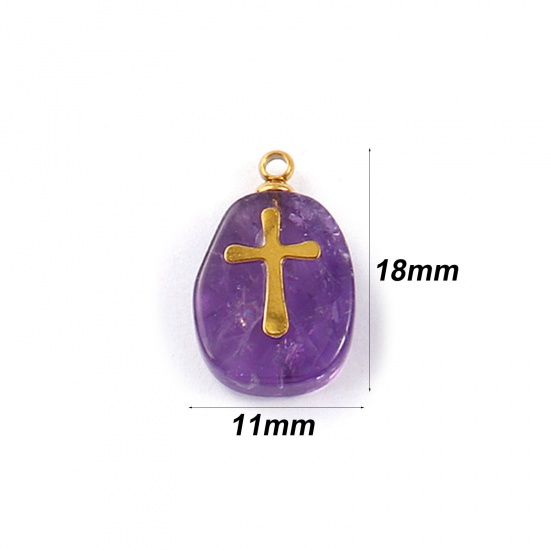 Picture of 1 Piece Eco-friendly 304 Stainless Steel & Gemstone Geometric Charms Gold Plated Purple Egg Cross 18mm x 11mm