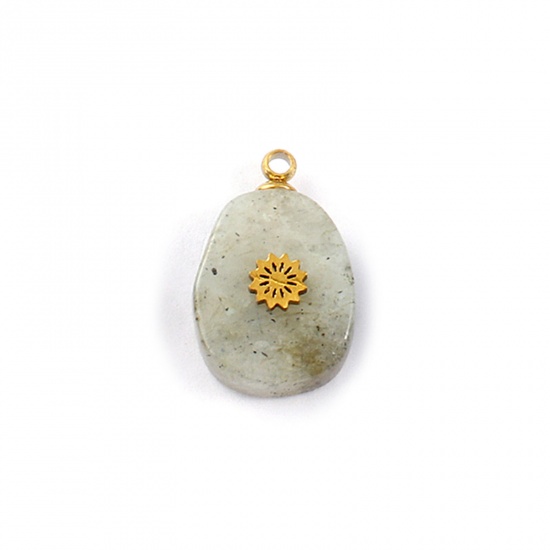 Picture of 1 Piece Eco-friendly 304 Stainless Steel & Gemstone Geometric Charms Gold Plated Gray Egg Flower 18mm x 11mm