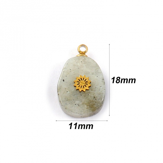 Picture of 1 Piece Eco-friendly 304 Stainless Steel & Gemstone Geometric Charms Gold Plated Gray Egg Flower 18mm x 11mm