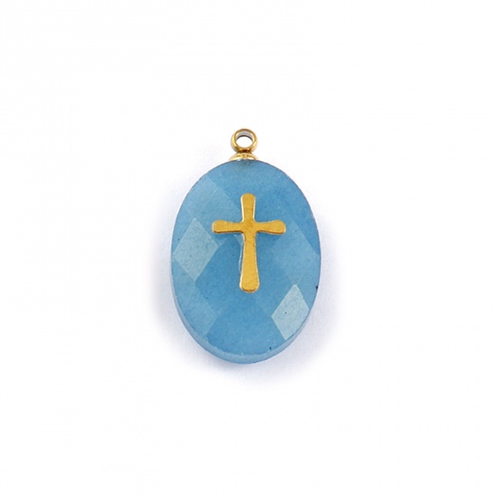 Picture of 1 Piece Eco-friendly 304 Stainless Steel & Gemstone Geometric Charms Gold Plated Skyblue Oval Cross 22mm x 13mm