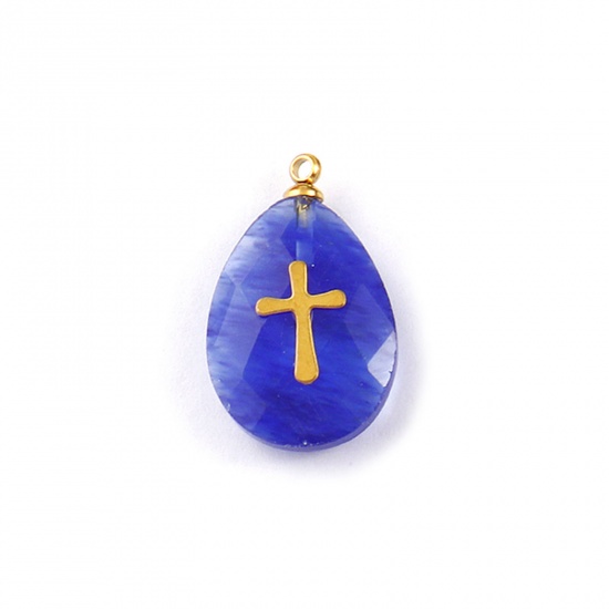 Picture of 1 Piece Eco-friendly 304 Stainless Steel & Gemstone Geometric Charms Gold Plated Royal Blue Drop Cross 22mm x 13mm
