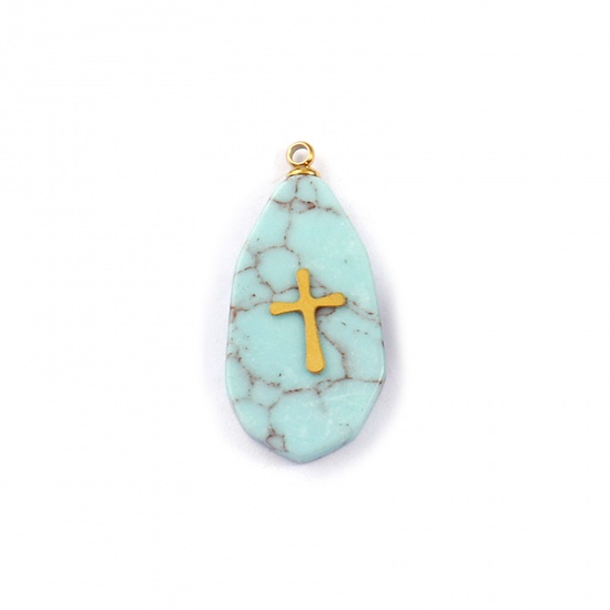 Picture of 1 Piece Eco-friendly 304 Stainless Steel & Gemstone Geometric Charms Gold Plated Green Blue Drop Cross 27mm x 13mm