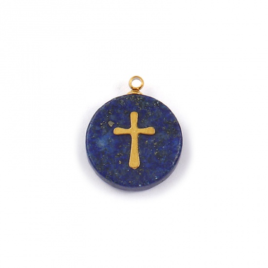 Picture of 1 Piece Eco-friendly 304 Stainless Steel & Gemstone Geometric Charms Gold Plated Dark Blue Round Disc Cross 18mm x 15mm