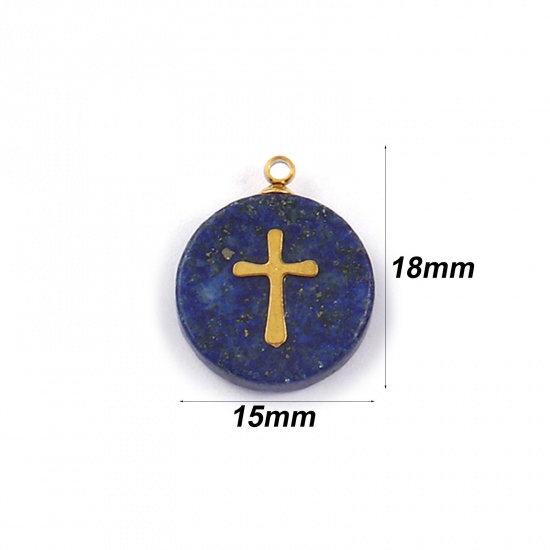 Picture of 1 Piece Eco-friendly 304 Stainless Steel & Gemstone Geometric Charms Gold Plated Dark Blue Round Disc Cross 18mm x 15mm
