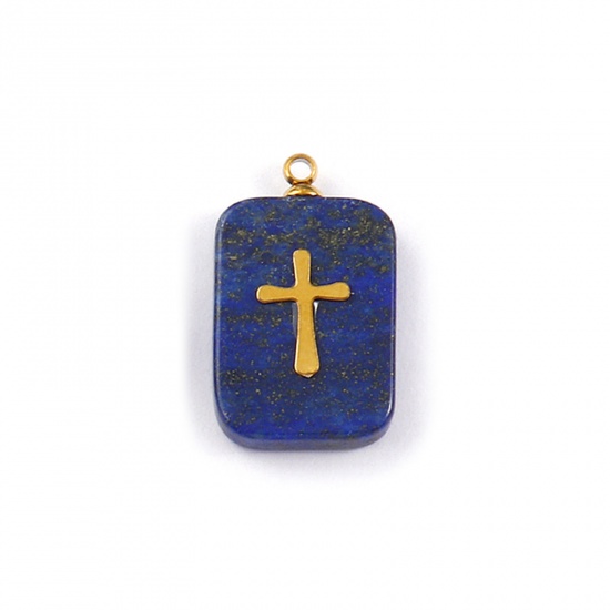 Picture of 1 Piece Eco-friendly 304 Stainless Steel & Gemstone Geometric Charms Gold Plated Dark Blue Rectangle Cross 21mm x 13mm
