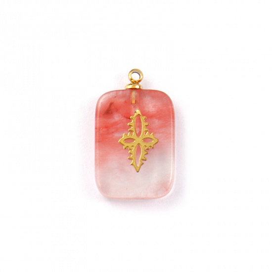 Picture of 1 Piece Eco-friendly 304 Stainless Steel & Gemstone Geometric Charms Gold Plated Pink Rectangle Cross 21mm x 13mm