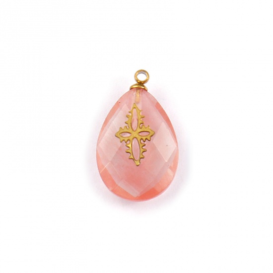 Picture of 1 Piece Eco-friendly 304 Stainless Steel & Gemstone Geometric Charms Gold Plated Pink Drop Cross 22mm x 13mm