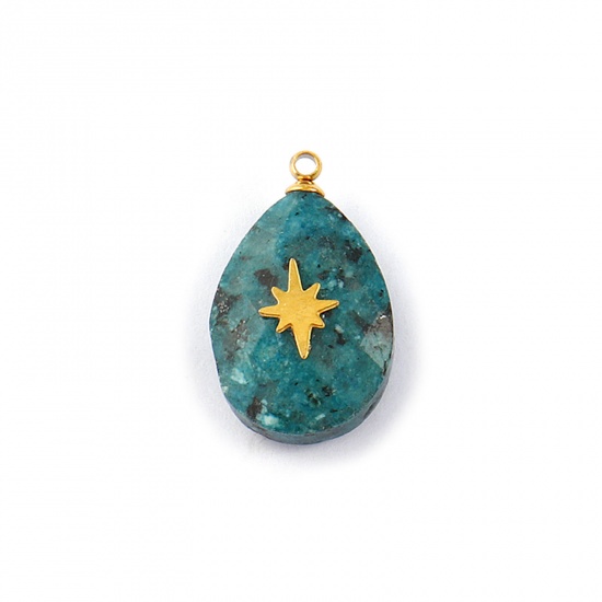 Immagine di 1 Pz Ecologico 304 Acciaio Inossidabile & Gemma Geometrico Ciondoli Oro Placcato Verde Scuro Goccia Stella 22mm x 13mm