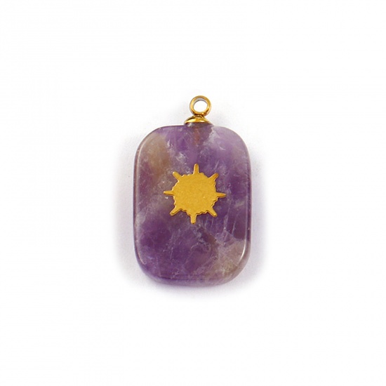 Immagine di 1 Pz Ecologico 304 Acciaio Inossidabile & Gemma Geometrico Ciondoli Oro Placcato Colore Viola Rettangolo Sole 21mm x 13mm
