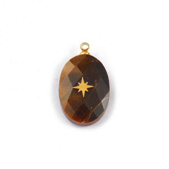Immagine di 1 Pz Ecologico 304 Acciaio Inossidabile & Gemma Geometrico Ciondoli Oro Placcato Marrone Ovale Stella 22mm x 13mm