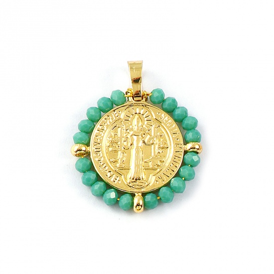 Picture of 1 Piece Eco-friendly PVD Vacuum Plating Waterproof Anti-Tarnish Hypoallergenic 304 Stainless Steel & Glass Religious Pendants 18K Real Gold Plated Green Round Disc St. Benedict Medal Double Sided 3.4cm x 2.8cm