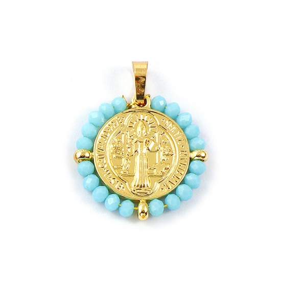 Picture of 1 Piece Eco-friendly PVD Vacuum Plating Waterproof Anti-Tarnish Hypoallergenic 304 Stainless Steel & Glass Religious Pendants 18K Real Gold Plated Light Blue Round Disc St. Benedict Medal Double Sided 3.4cm x 2.8cm