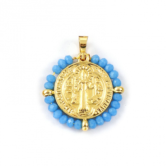 Picture of 1 Piece Eco-friendly PVD Vacuum Plating Waterproof Anti-Tarnish Hypoallergenic 304 Stainless Steel & Glass Religious Pendants 18K Real Gold Plated Green Round Disc St. Benedict Medal Double Sided 3.4cm x 2.8cm
