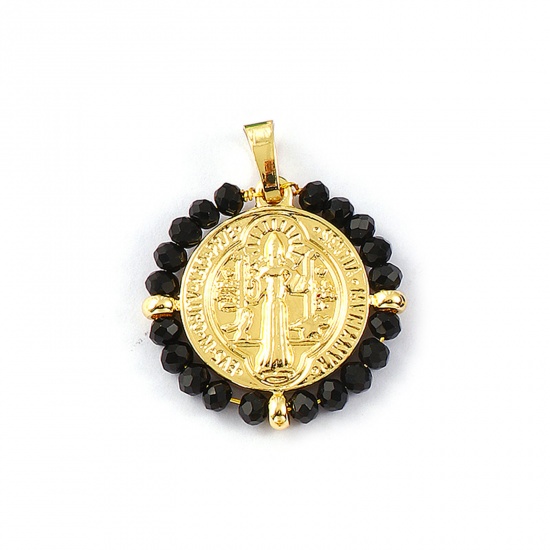 Picture of 1 Piece Eco-friendly PVD Vacuum Plating Waterproof Anti-Tarnish Hypoallergenic 304 Stainless Steel & Glass Religious Pendants 18K Real Gold Plated Black Round Disc St. Benedict Medal Double Sided 3.4cm x 2.8cm