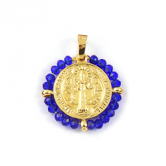 Picture of 1 Piece Eco-friendly PVD Vacuum Plating Waterproof Anti-Tarnish Hypoallergenic 304 Stainless Steel & Glass Religious Pendants 18K Real Gold Plated Dark Blue Round Disc St. Benedict Medal Double Sided 3.4cm x 2.8cm