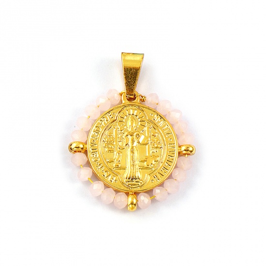 Picture of 1 Piece Eco-friendly PVD Vacuum Plating Waterproof Anti-Tarnish Hypoallergenic 304 Stainless Steel & Glass Religious Pendants 18K Real Gold Plated Pink Round Disc St. Benedict Medal Double Sided 3.4cm x 2.8cm