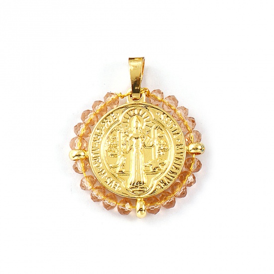 Picture of 1 Piece Eco-friendly PVD Vacuum Plating Waterproof Anti-Tarnish Hypoallergenic 304 Stainless Steel & Glass Religious Pendants 18K Real Gold Plated Champagne Round Disc St. Benedict Medal Double Sided 3.4cm x 2.8cm