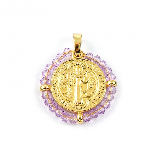 Picture of 1 Piece Eco-friendly PVD Vacuum Plating Waterproof Anti-Tarnish Hypoallergenic 304 Stainless Steel & Glass Religious Pendants 18K Real Gold Plated Mauve Round Disc St. Benedict Medal Double Sided 3.4cm x 2.8cm