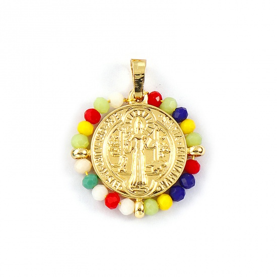 Picture of 1 Piece Eco-friendly PVD Vacuum Plating Waterproof Anti-Tarnish Hypoallergenic 304 Stainless Steel & Glass Religious Pendants 18K Real Gold Plated Multicolor Round Disc St. Benedict Medal Double Sided 3.4cm x 2.8cm