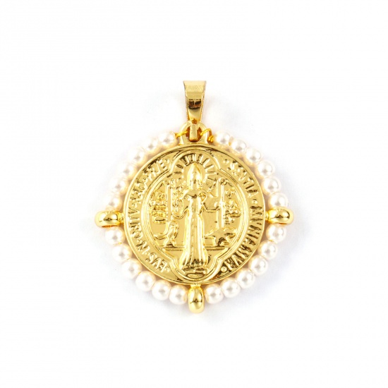 Picture of 1 Piece Eco-friendly PVD Vacuum Plating Waterproof Anti-Tarnish Hypoallergenic 304 Stainless Steel & Glass Religious Pendants 18K Real Gold Plated White Round Disc St. Benedict Medal Double Sided 3.4cm x 2.8cm