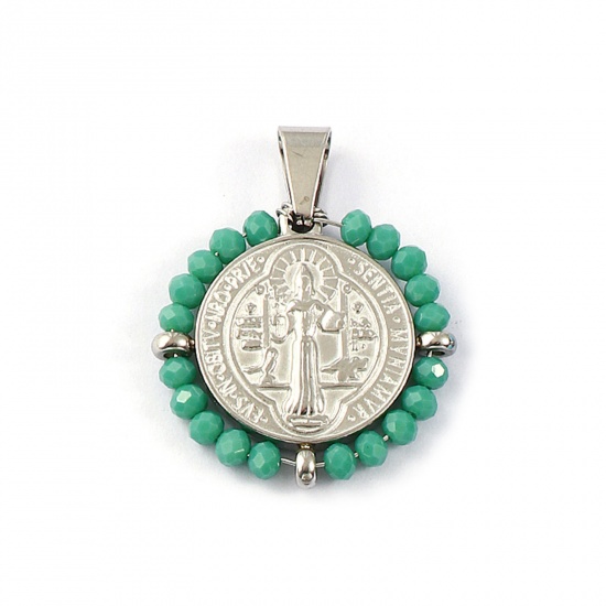 Picture of 1 Piece Eco-friendly 304 Stainless Steel & Glass Religious Pendants Silver Tone Green Round Disc St. Benedict Medal Double Sided 3.6cm x 2.8cm