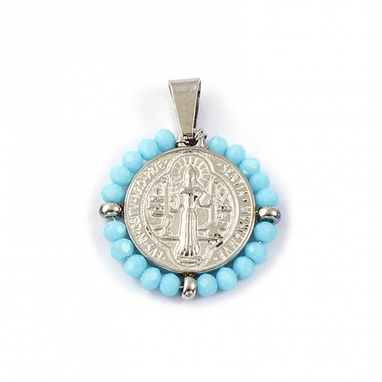 Picture of 1 Piece Eco-friendly 304 Stainless Steel & Glass Religious Pendants Silver Tone Light Blue Round Disc St. Benedict Medal Double Sided 3.6cm x 2.8cm
