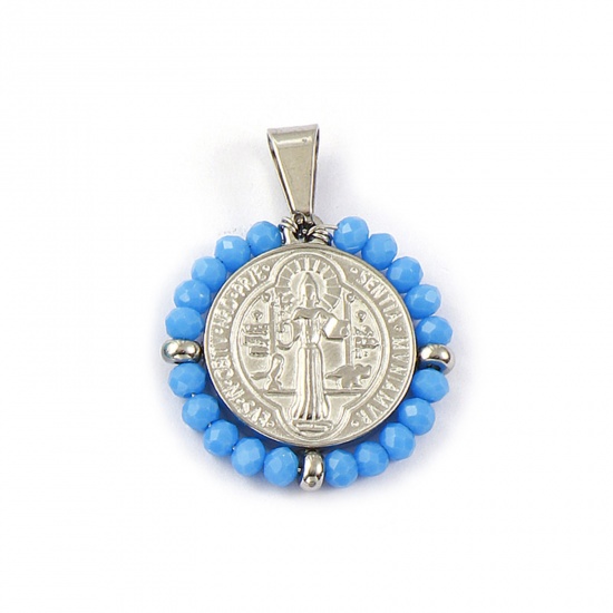 Picture of 1 Piece Eco-friendly 304 Stainless Steel & Glass Religious Pendants Silver Tone Blue Round Disc St. Benedict Medal Double Sided 3.6cm x 2.8cm