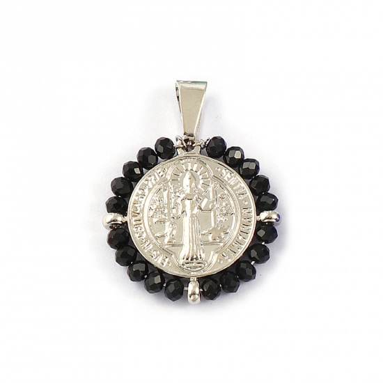 Picture of 1 Piece Eco-friendly 304 Stainless Steel & Glass Religious Pendants Silver Tone Black Round Disc St. Benedict Medal Double Sided 3.6cm x 2.8cm