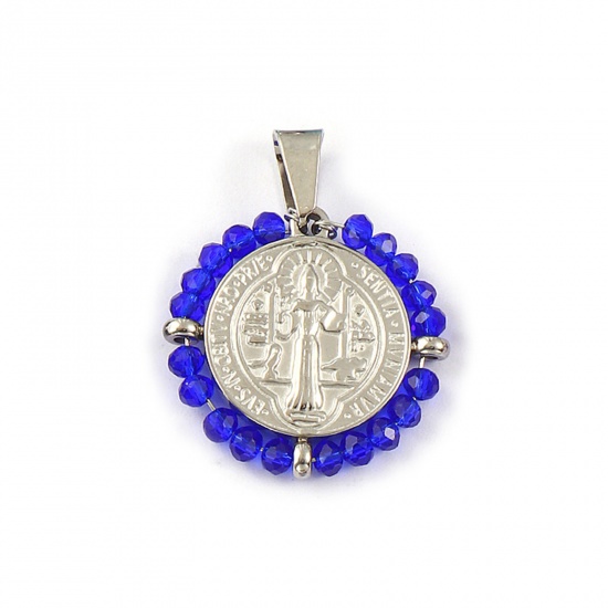Picture of 1 Piece Eco-friendly 304 Stainless Steel & Glass Religious Pendants Silver Tone Dark Blue Round Disc St. Benedict Medal Double Sided 3.6cm x 2.8cm