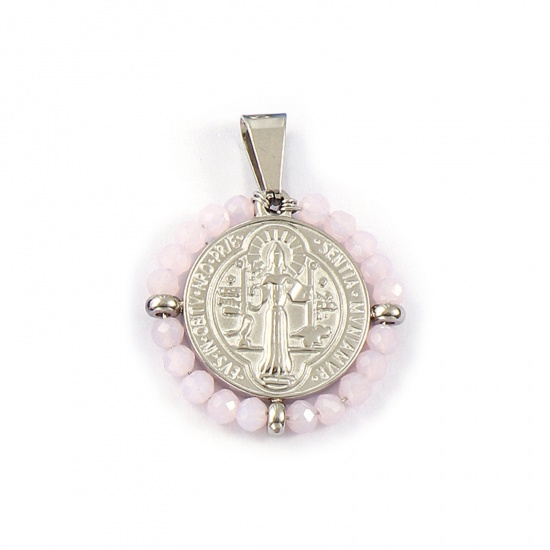 Picture of 1 Piece Eco-friendly 304 Stainless Steel & Glass Religious Pendants Silver Tone Pink Round Disc St. Benedict Medal Double Sided 3.6cm x 2.8cm