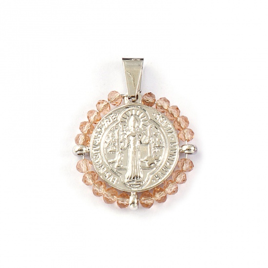 Picture of 1 Piece Eco-friendly 304 Stainless Steel & Glass Religious Pendants Silver Tone Champagne Round Disc St. Benedict Medal Double Sided 3.6cm x 2.8cm