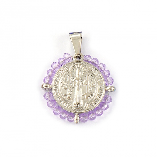 Picture of 1 Piece Eco-friendly 304 Stainless Steel & Glass Religious Pendants Silver Tone Mauve Round Disc St. Benedict Medal Double Sided 3.6cm x 2.8cm
