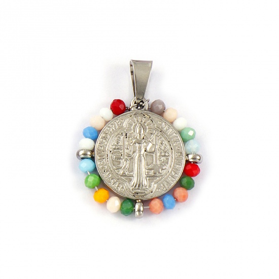 Picture of 1 Piece Eco-friendly 304 Stainless Steel & Glass Religious Pendants Silver Tone Multicolor Round Disc St. Benedict Medal Double Sided 3.6cm x 2.8cm