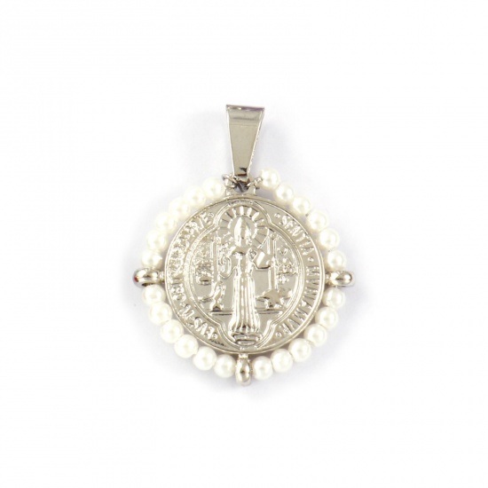 Picture of 1 Piece Eco-friendly 304 Stainless Steel & Glass Religious Pendants Silver Tone White Round Disc St. Benedict Medal Double Sided 3.6cm x 2.8cm