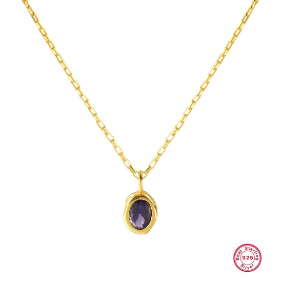 Imagen de 1 Piece Sterling Silver Birthstone Pendant Charm Necklace 18K Gold Plated Oval February Purple Cubic Zirconia 45cm(17.7") long